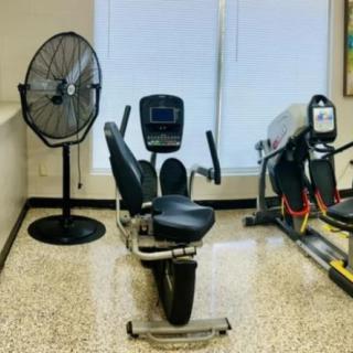 A gym setup featuring a recumbent exercise bike and a large standing fan.