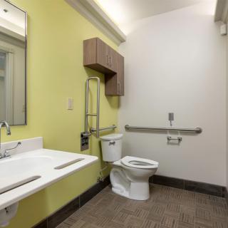 A modern, accessible bathroom with grab bars and a wide sink area.