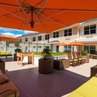 A sunny outdoor patio area with orange umbrellas and comfortable seating.