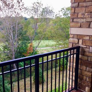 A balcony overlooking a natural landscape with trees and greenery.