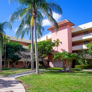 A sunny day at a tropical residential building surrounded by palm trees and a well-maintained lawn.