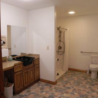 A spacious bathroom with a wooden vanity, mirror, toilet, and shower area.