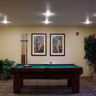 A cozy billiard room featuring a pool table, artwork, and soft lighting.