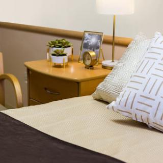 A cozy bedroom setup featuring a neatly made bed, decorative pillows, a stylish nightstand with a lamp, and a small plant.