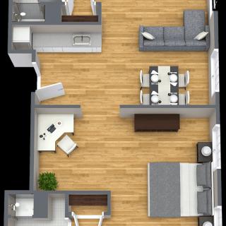 3D floor plan of an apartment featuring a living room, dining area, bedroom, and kitchen.