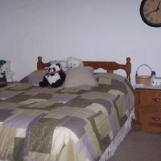 A cozy bedroom with a quilted bed and stuffed animals on top.