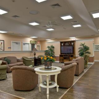 A cozy waiting area with comfortable seating and indoor plants.