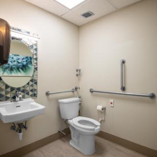 A modern bathroom equipped with accessibility features, including a sink, toilet, and handrails.