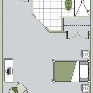A simple bedroom floor plan showing furniture placement, including a bed, desk, and chair.