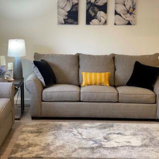 A cozy living room with a comfortable sofa, decorative cushions, and elegant artwork on the walls.