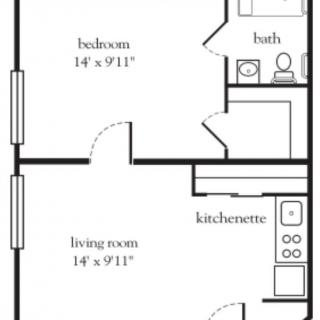 A floor plan of a simple apartment with one bedroom, a living room, kitchenette, and bathroom.