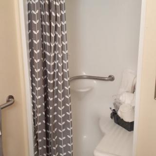 A bathroom with a shower featuring a patterned curtain and neatly folded towels.