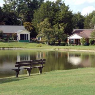 A serene view of a park featuring a tranquil lake, surrounded by trees and cozy buildings.