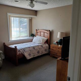 A cozy bedroom with a single bed, a window, and furniture including a lamp and TV.
