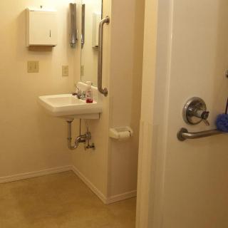 Accessible bathroom with grab bars and a wall-mounted sink.