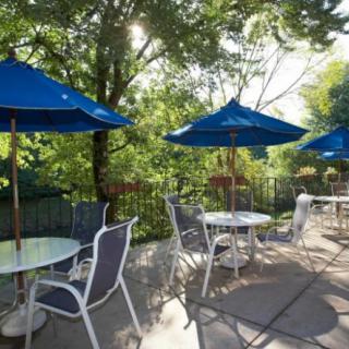 A tranquil outdoor patio with tables, chairs, and blue umbrellas surrounded by lush greenery.