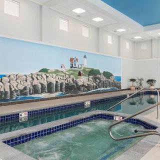 An indoor swimming facility featuring a hot tub and a wall mural of a coastal scene.
