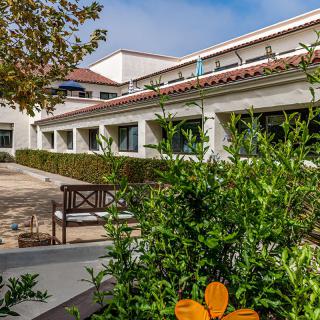 A peaceful view of a building exterior surrounded by greenery and flowers.