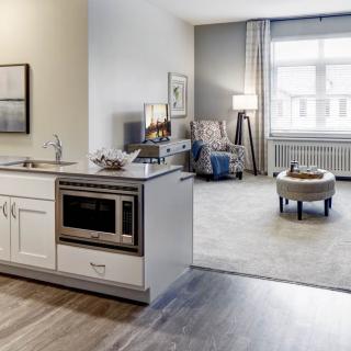 A modern open-plan kitchen and living room area in a stylish apartment.