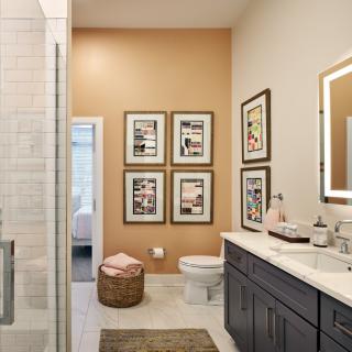 A modern bathroom with a double vanity, framed art on the wall, and a glass-enclosed shower.