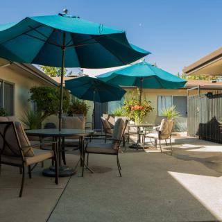 A sunny outdoor patio area with tables and chairs under large blue umbrellas.