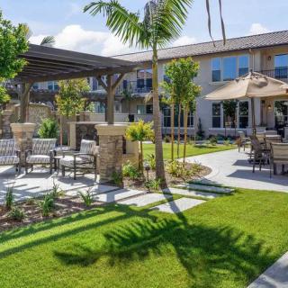 A beautifully landscaped outdoor patio area featuring comfortable seating, lush greenery, and palm trees.