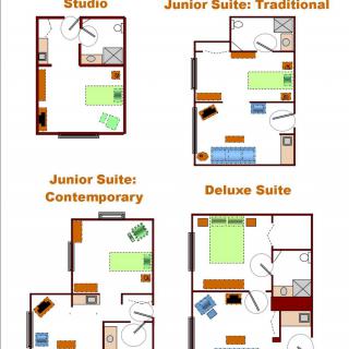 Floor plans of different hotel room types including Studio, Junior Suite Traditional, Junior Suite Contemporary, and Deluxe Suite.