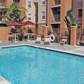 Outdoor swimming pool area with sun loungers and umbrellas at an apartment complex.