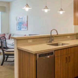 A modern kitchen with a wooden countertop, sink, dishwasher, and pendant lighting.