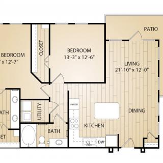 A detailed floor plan of a two-bedroom apartment with a living room, dining area, kitchen, and patio.