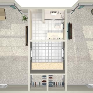 A top-down view of a modern apartment floor plan featuring two rooms with ample space and a central bathroom.