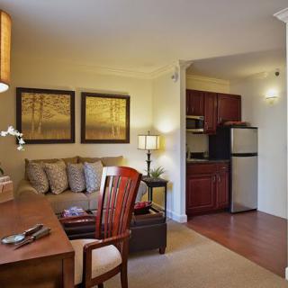 A cozy living area with a sofa and kitchenette in the background, featuring warm lighting and elegant decor.