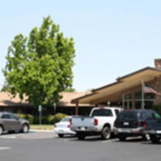 A parking lot with several cars in front of a building and a large tree.