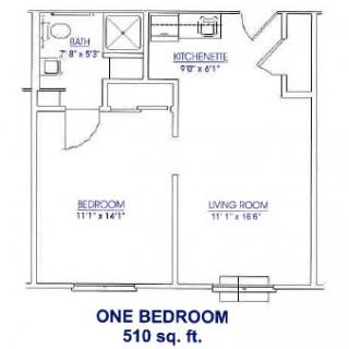 Floor plan of a one-bedroom apartment measuring 510 square feet.