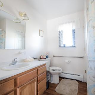 A well-lit and neatly organized bathroom featuring a vanity, toilet, and shower.
