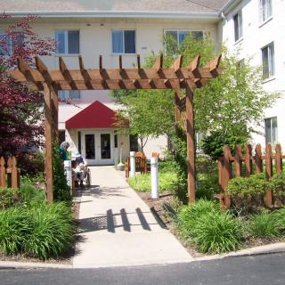 A pathway leading to a building entrance, adorned with a wooden pergola and surrounded by lush greenery.