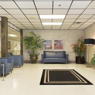 A modern lobby with comfortable seating and decorative plants.