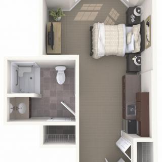 A studio apartment floor plan featuring a bedroom area with bed, bathroom, and kitchenette.