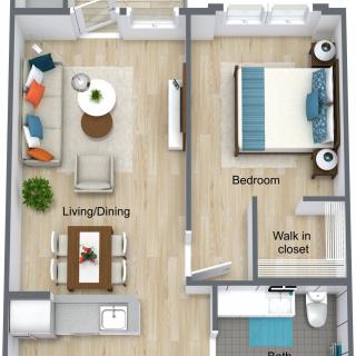A 3D floor plan of a one-bedroom apartment with living/dining area, walk-in closet, and bathroom.