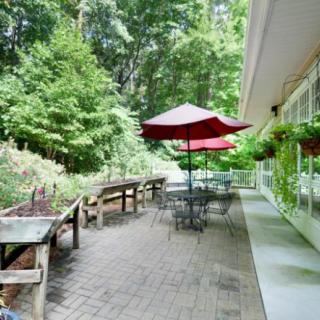 A scenic outdoor patio with tables and red umbrellas, surrounded by lush greenery.