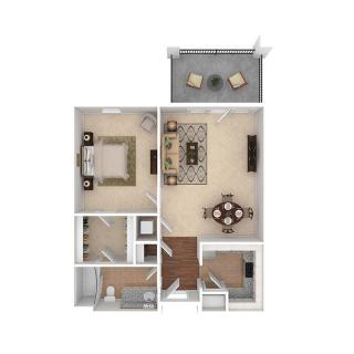 A top-view floor plan of a one-bedroom apartment featuring a living room, dining area, kitchen, bathroom, and a patio.
