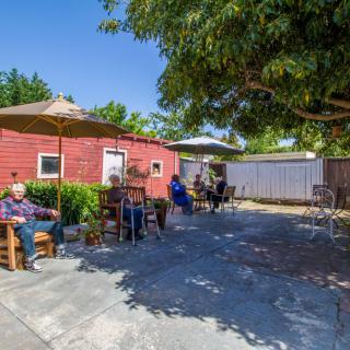 A group of people relaxing on a sunny patio with outdoor furniture and trees providing shade.
