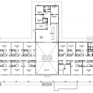 Architectural floor plan showing the layout of rooms and facilities in a building.
