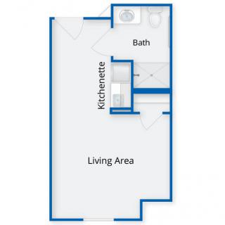 A floor plan of a studio apartment featuring a living area, kitchenette, and bathroom.