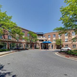 A welcoming hotel entrance surrounded by lush greenery and a clear blue sky.