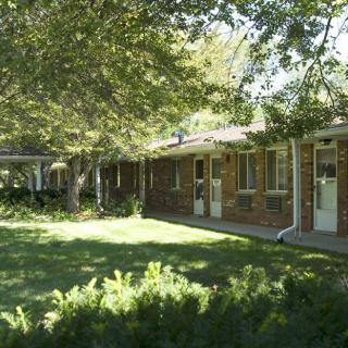 A brick house surrounded by trees and a grassy yard, bathed in sunlight and shadows.