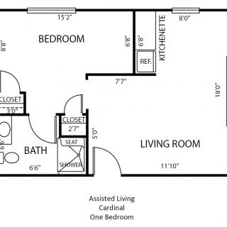 Floor plan of an assisted living one-bedroom apartment.