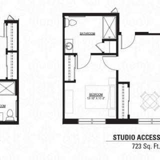 Floor plan of a studio apartment totaling 723 square feet.