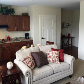 A cozy living space featuring a sofa with colorful cushions and a kitchenette area.