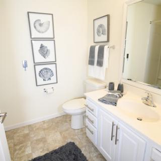 A modern bathroom featuring white cabinetry, decorative framed art, and a cozy rug.